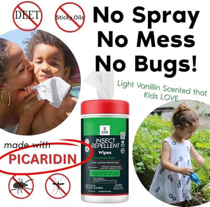 DEET free family safe mosquito repellent wipes close up view of product label