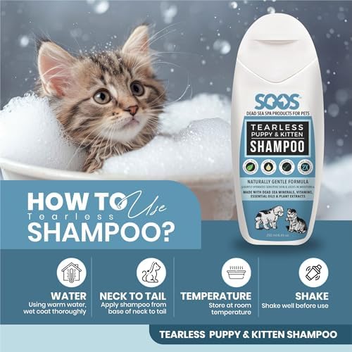 Back of Soos pet shampoo bottle with ingredient list and usage instructions
