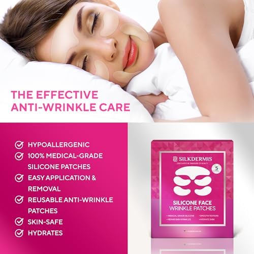 SILKDERMIS anti-wrinkle pads placed on the forehead under eyes and smile lines.