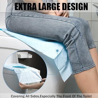 Individually wrapped portable toilet seat liners inside a compact travel pouch