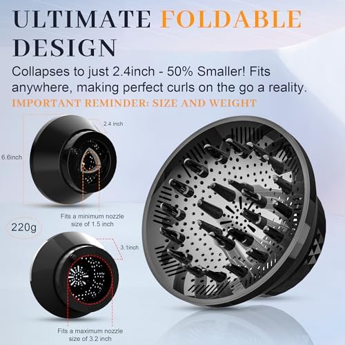 Black silicone folding hair diffuser attachment partially collapsed to showcase the space saving portable design