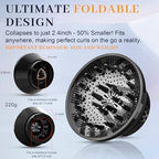 Black silicone folding hair diffuser attachment partially collapsed to showcase the space saving portable design