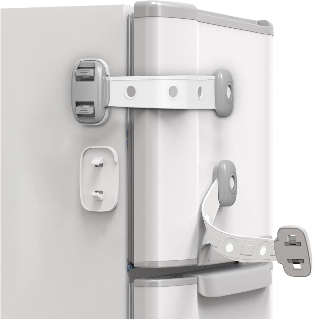 Sequhitku child proof fridge safety lock front view on white refrigerator door