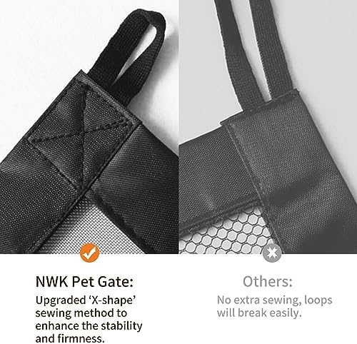 Lightweight mesh pet gate folded down compactly for easy storage next to a cabinet.