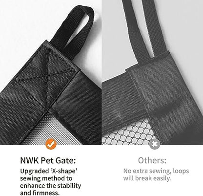 Lightweight mesh pet gate folded down compactly for easy storage next to a cabinet.