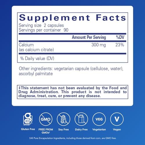 Pure Encapsulations Calcium Citrate supplement showing recommended dosage and dietary facts label