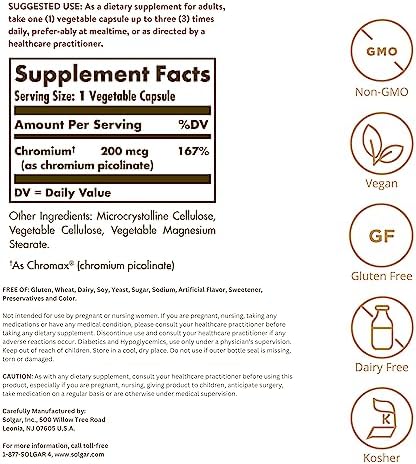 Six month supply bottle of Solgar Chromium Picolinate 200 mcg 180 capsules.