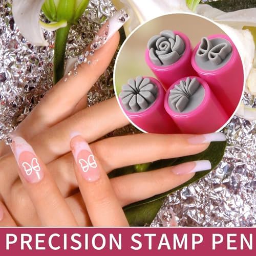 Demonstration of applying polish to a floral pattern stamp head