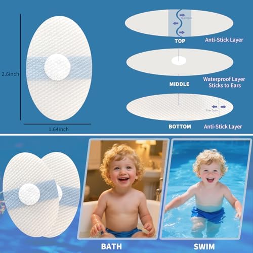 Packaging layout of 50 pieces infant ear protection shields displaying the easy three step application.