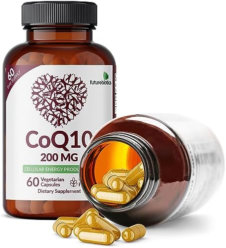 Futurebiotics CoQ10 bottle with capsules piled