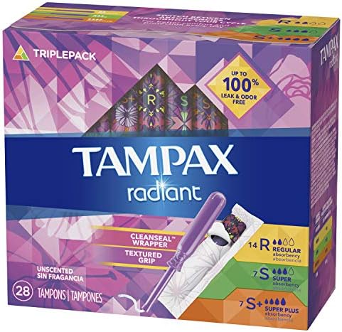 Three different absorbency levels in one Tampax Radiant multipack box.