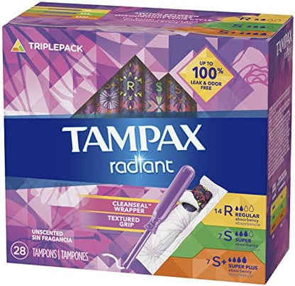 Three different absorbency levels in one Tampax Radiant multipack box.