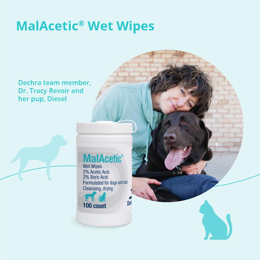 Close up view of the instructions and directions label on MalAcetic pet wipes.