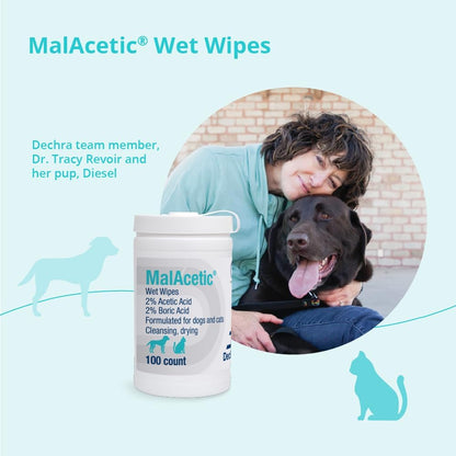 Close up view of the instructions and directions label on MalAcetic pet wipes.