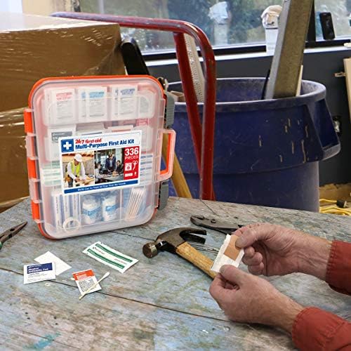 Group of 24/7 First Aid medical supplies included in the 100 person emergency box.