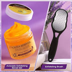 Home pedicure set including pumice stone, foot rasp, and exfoliating cream for dead skin.