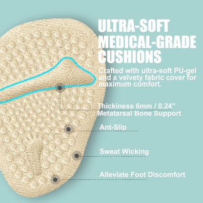 Self-adhesive black and beige shoe inserts for blister prevention.