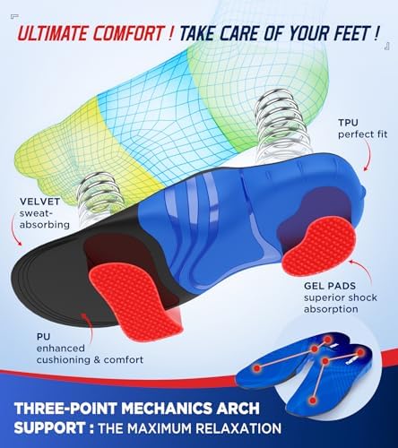 Bottom view of Neupu shoe inserts showing the blue PU material and orange shock-absorbing gel pads on the heel and forefoot.