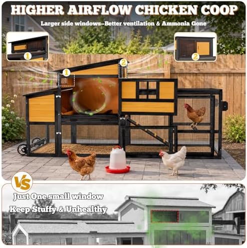 Portable Chicken Coop Poultry Cage with Wheels, Wooden Chicken Coop for 4-8 Chickens, Nesting Box, Pull-Out Tray, Ventilated Windows, Asphalt Weatherproof Roof, 83.3" L x 31.1" W x 41.6" H, Yellow - Image 4