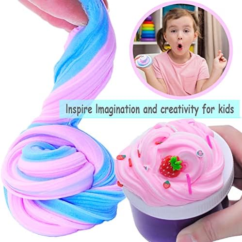 Children hands stretching soft non sticky blue and pink sensory putty over a clean white table