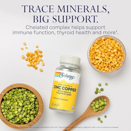 Solaray Zinc Copper with kelp and pumpkin seed dietary supplement ingredient breakdown list.