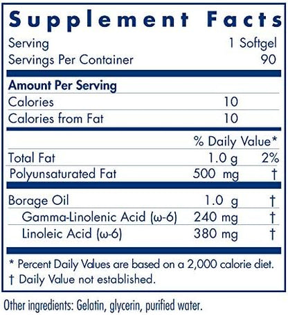 Allergy Research Group Omega 6 high potency gamma linolenic acid supplement label details.