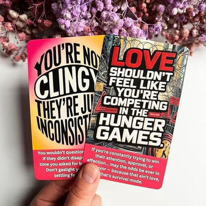 Premium 400 GSM coated paper love oracle deck with funny dating truth bombs.