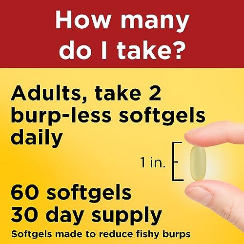 Nature Made Omega 3 Extra Strength softgels displayed next to the product packaging illustrating capsule size and transparency.