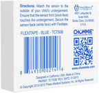 Hypoallergenic blue Chummie Flexitape strips being peeled for IntelliFlex sensor application.