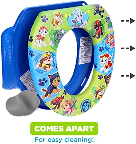 Disassembled components of the PAW Patrol potty training seat demonstrating easy cleaning.