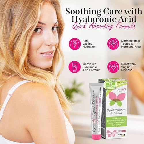 Gynatrof hormone free gel for menopause relief showing hyaluronic acid ingredients.