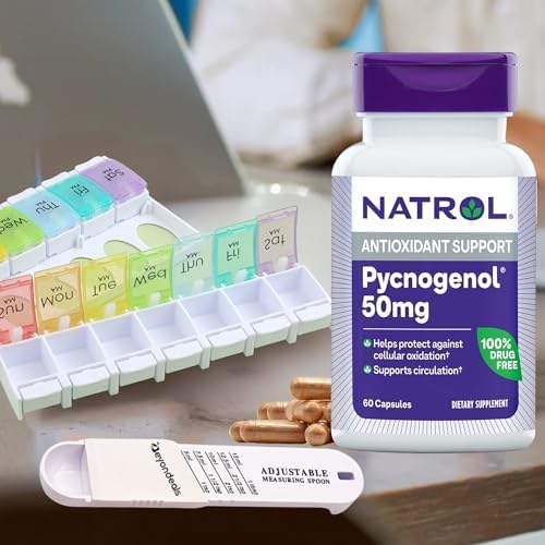 Natrol Pycnogenol capsule and measuring spoon bundle side angle view