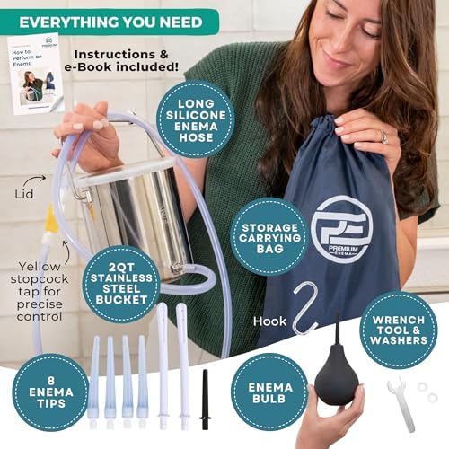 Seven interchangeable enema tips including soft flexible and hard long nozzles.