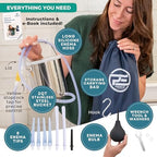 Seven interchangeable enema tips including soft flexible and hard long nozzles.