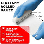 First aid medical supplies showing the elastic woven texture of gauze wrap.