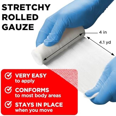 First aid medical supplies showing the elastic woven texture of gauze wrap.