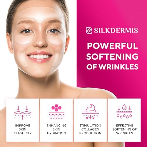 Five piece pack of washable silicone patches for targeting facial fine lines and expression creases.
