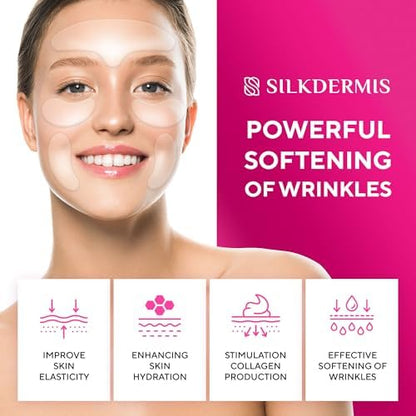 Five piece pack of washable silicone patches for targeting facial fine lines and expression creases.