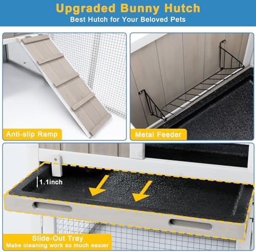 Ketive 48" L Rabbit Hutch Outdoor Indoor Bunny Hutch Weatherproof, 2-Story Wood Rabbit Cage with Deep Tray, Chew-Resistant Ramp, UV Roof, Bunny House for Small Animal, Expandable Guinea Pig Cage - Image 5