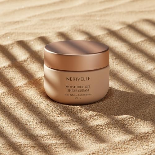 Nerivelle MoistureTone Sheer Cream container showing metallic bronze lid and beige body