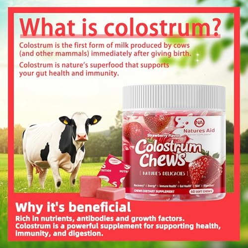 Natures Aid bovine colostrum supplement bottle showing nutritional facts and ingredients list.