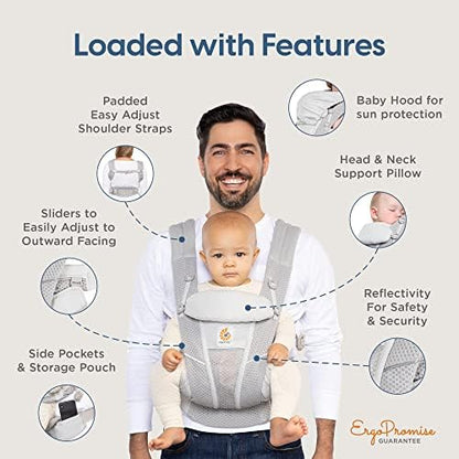 Ergobaby Omni Breeze baby carrier storage pouch and detail of breathable mesh fabric