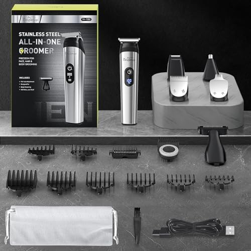 Brightup rechargeable shaving kit package contents including USB charging cable and cleaning brush