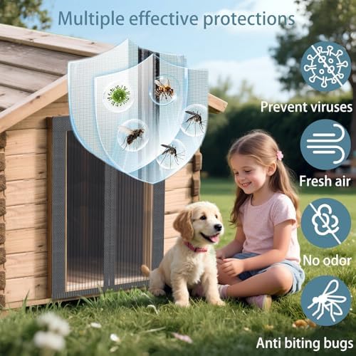 Chagol kennel screen curtain installed on outdoor wooden dog house
