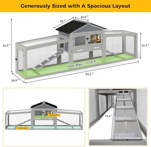 COZIWOW Large 92IN Outdoor Rabbit Hutch with 3 Run Boxes, Weatherproof Bunny Cage with Asphalt Roof & Sunlight Panels, Hands-Free Clean Tray & Metal Wire Mesh, 2-Tier Rest & for 2-3 Rabbits, Grey - Image 7