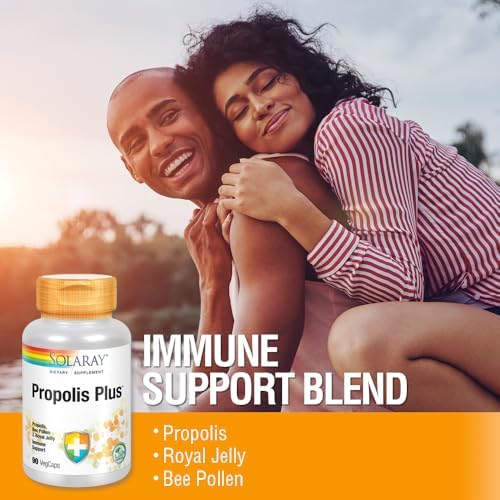 Authentic USA imported Solaray Propolis Plus dietary supplement showing the vegetarian capsule capsules on a clean surface.