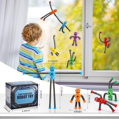 Six piece pack of multi colored telescopic robot toys for toddler fine motor development