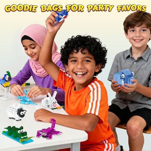 Assembled miniature plastic shark panda and parrot figures built from the surprise building brick sets.