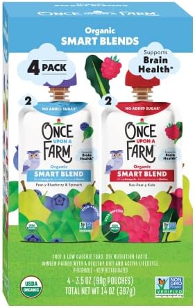 Once Upon a Farm Rasp-Pear-y Kale toddler pouch showing clean ingredient list and brain health benefits.