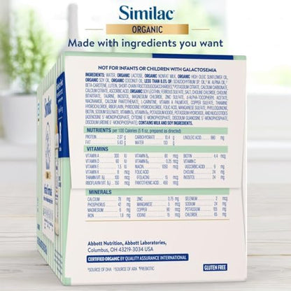 Similac Organic milk based baby formula pack of eight premium two fluid ounce bottles.